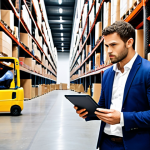 **

A confident individual, possibly in their late 20s or early 30s, stands in a modern logistics warehouse. They are wearing professional attire but with a touch of casualness (e.g., a blazer over a button-down shirt, or stylish work pants). In the background, there are visible elements of logistics operations: shelves with packages, a forklift in the distance, and possibly a delivery truck. The individual is holding a tablet or clipboard, looking focused and in control. The overall feeling is one of competence and embracing a new, dynamic career.

**