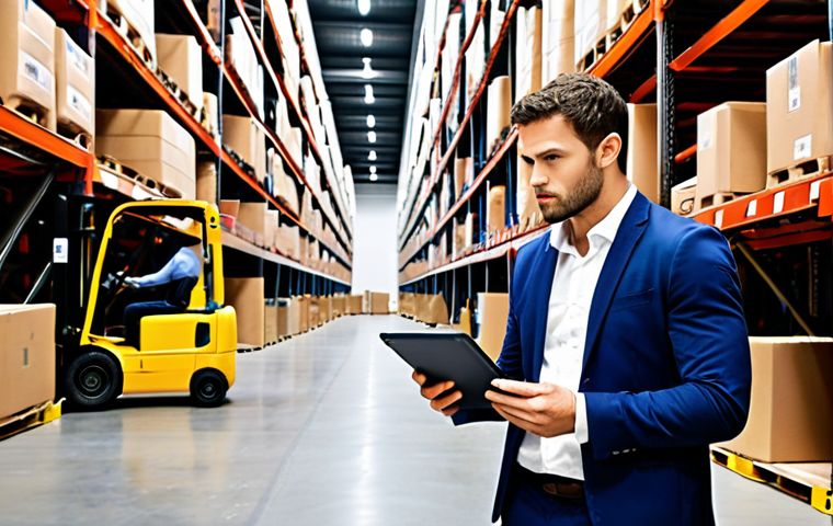 **
A confident individual, possibly in their late 20s or early 30s, stands in a modern logistics warehouse. They are wearing professional attire but with a touch of casualness (e.g., a blazer over a button-down shirt, or stylish work pants). In the background, there are visible elements of logistics operations: shelves with packages, a forklift in the distance, and possibly a delivery truck. The individual is holding a tablet or clipboard, looking focused and in control. The overall feeling is one of competence and embracing a new, dynamic career.
**