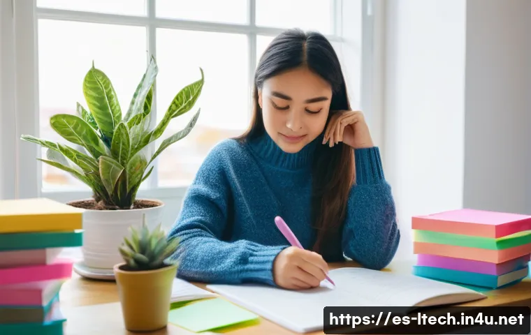 물류기술사 자격증 준비생을 위한 멘탈 관리 - **Prompt:** A young woman sitting at a tidy desk bathed in soft, natural light, studying for a logis...