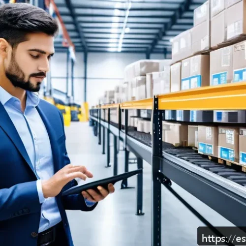 물류기술사 자격증과 IoT 물류 트렌드 - A modern logistics professional working in a high-tech warehouse environment, wearing smart casual b...