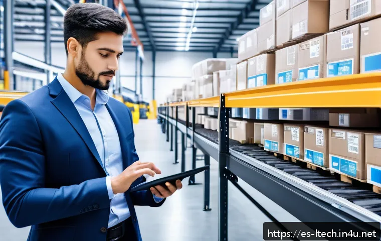 물류기술사 자격증과 IoT 물류 트렌드 - A modern logistics professional working in a high-tech warehouse environment, wearing smart casual b...
